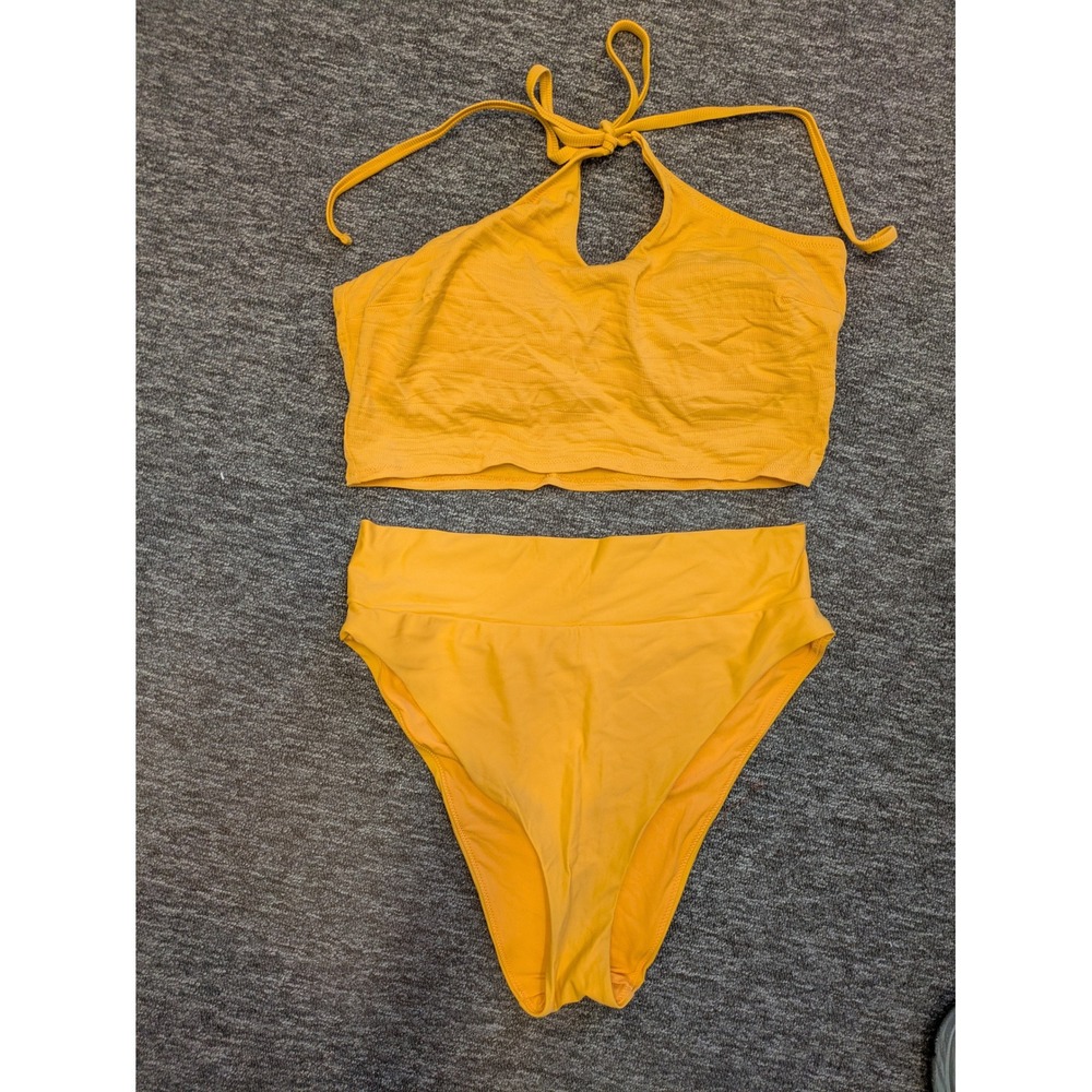 Aerie Bikini Set Women's‎ XL Yellow Textured Halter High Cut Cheeky Two Piece